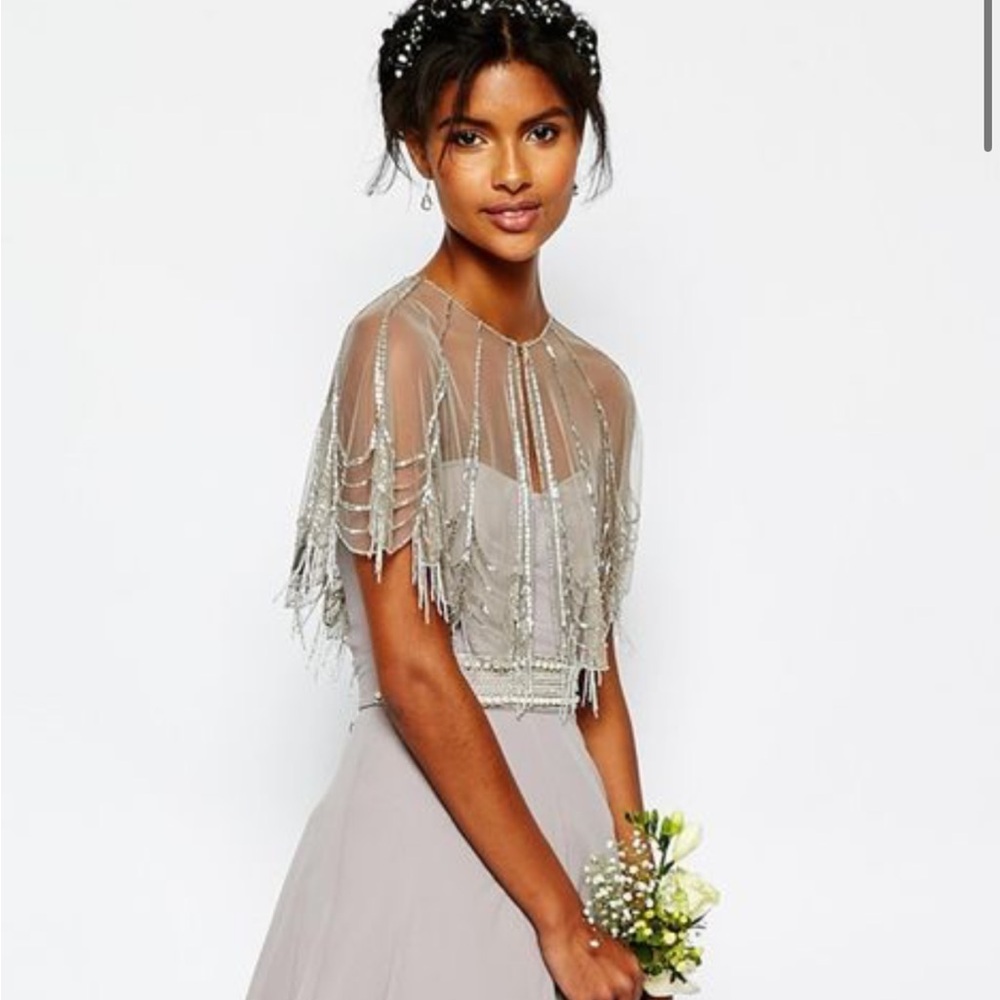 Moyna nude/silver Beaded Sheer cape- Bhldn, Anthropologie
